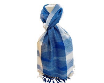 Handwoven Indigo Dye Cotton Scarf With Fring, Multi Blue Shade