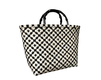 Flower Design Handwoven Plastic Tote Basket Bag for picnic , beach, pool, grocery shopping