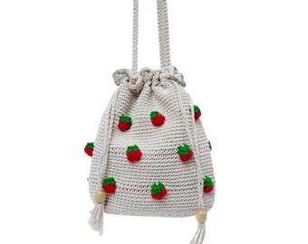 Strawberry Crochet Minimalist Drawstring Crossbody Bag