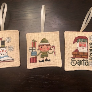 Primitive Completed Cross Stitch Package Tags Ornaments - Santa, Elf, Snowman