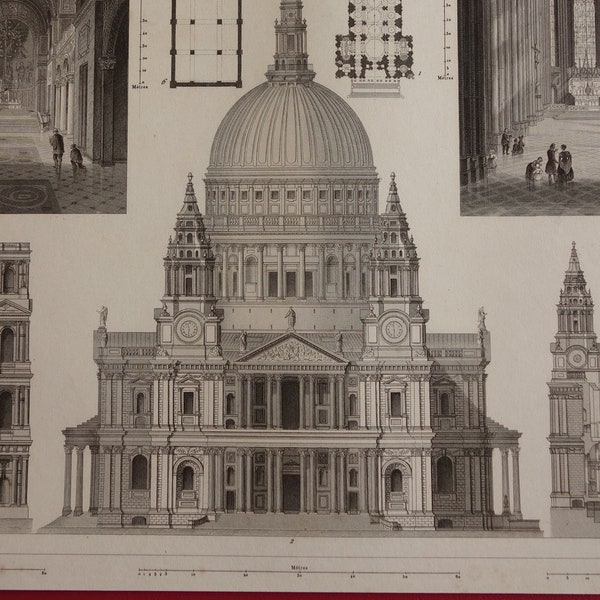 St. Paul's Cathedral Vintage Architecture Print 170+ years old prints of St Paul's London 9x11" antique illustration