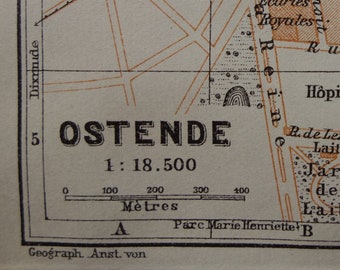 Ostende ancienne carte d'Ostende, Belgique 1910, plan de ville antique original Ostende Ostende Ostende de ville vieille en petits caractères sur Stadtplan 4 x 6 pouces