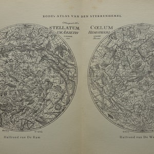 Impression astrologie ancienne carte du monde astronomie néerlandaise vintage signe des hémisphères de la Balance et du Bélier, constellation de l'hémisphère, étoiles du zodiaque