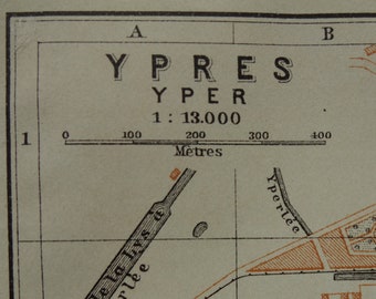 Carte d'Ypres, Belgique, 1910, vieille de plus de 110 ans, plan de ville ancien original d'Yper Ieper Belgique België, vintage, petites cartes détaillées 4 x 6 pouces