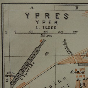 110+ years old map of Ypres Belgium 1910 original antique city planYper Ieper Belgique België vintage detailed small maps 4x6''