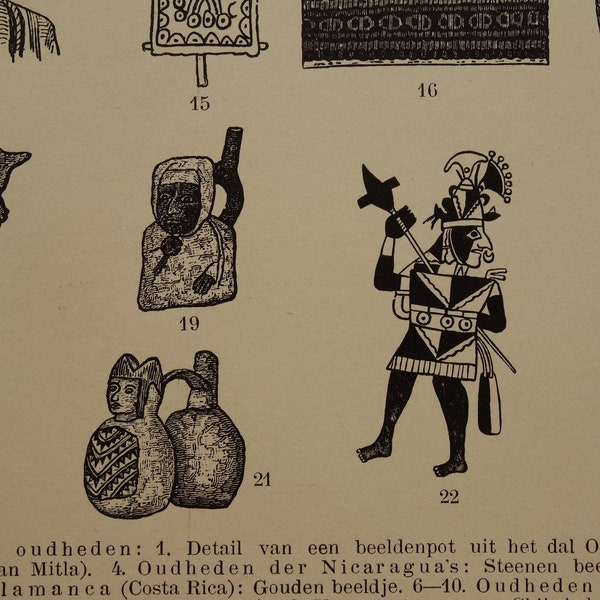Antique Dutch archeology print with old pictures of American antiquities archaeological finds in America Mexico mounds Indian Aztec 2 prints