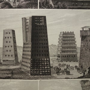 May include: A monochrome illustration showcases several architectural structures, including various tall, wooden towers with different designs. Some towers have multiple levels, while others feature battlements or scaffolding. Figures of people are also present.