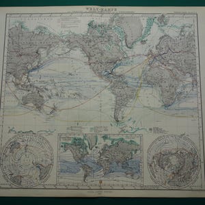 WELTKARTE antike Weltkarte Wunderschöne original 1867 Transport Weltkarte altes Vintages Plakat von Klima Meeresströmungen Mercator großes 14x19 "großes