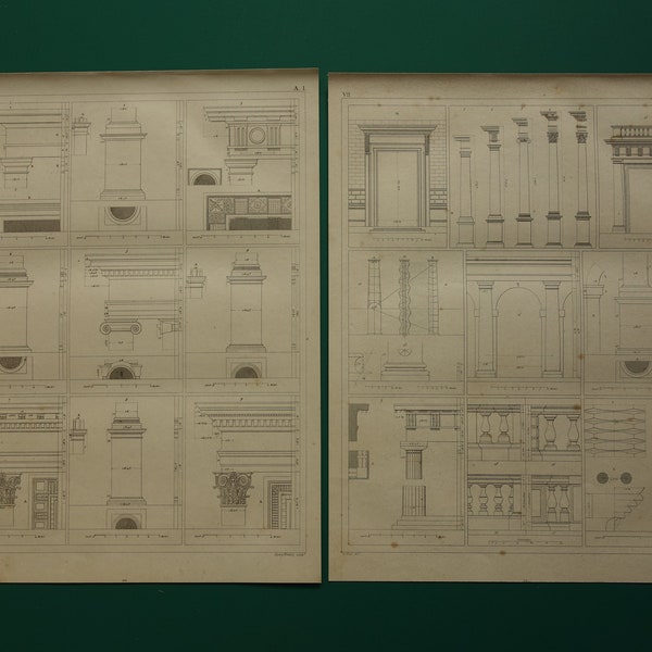 Old Print set di ordini architettonici romani e greci Stampe antiche originali Colonne doriche ioniche capitelli corinzi Architettura vintage