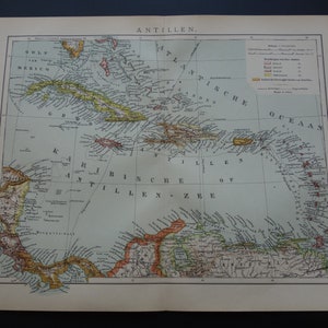Antike Landkarte der Antillen und Karibik 1905 original alte holländische Landkarte über Kuba Jamaika Aruba Curacao Martinique Antigua St Croix 10x13"