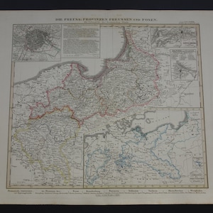 PREUSSEN alte Landkarte 1858 Antike handkolorierter Druck Plakat von Posen Polen Deutschland Poznań Gdańsk Vintage große Karten Berlin Königsberg Plan datiert