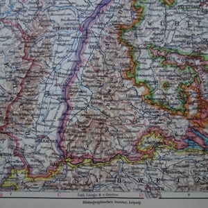 Vecchia mappa del Baden-Württemberg, Germania, del 1928 - stampa d'epoca con mappe inserite sulle lingue parlate, Alsazia, Lorena - Foresta Nera
