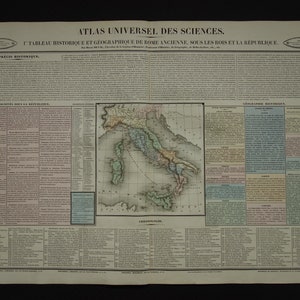 Antikes Rom 1837 großer antiker Druck/Stich mit Landkarte von Italien und Chronologie der römischen Zivilisation - Geschichtsdrucke Römisches Reich