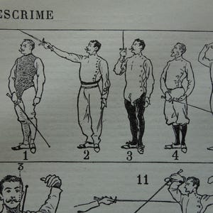 Anciennes images d'escrime - petite affiche ancienne sur le délit d'escrime - techniques de maniement du sabre d'escrimeur, gravures d'époque