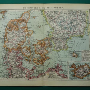 1907 DENEMARKEN oude kaart van Denemarken originele antieke print over Kopenhagen Zweden IJsland vintage gedetailleerde kaarten poster 25 x 32c 10 x 12"