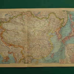 CHINA antike Landkarte von China, alte Landkarte, großer alter deutscher Landkarten-Druck mit Hongkong Macao und Golf von Tschili Vintage-Karten 10x15"