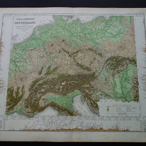 GERMANIA Antica mappa della Germania 1863 originale vintage vecchio poster geologico su montagne fiumi Europa centrale Mappe datate 14x18" grande