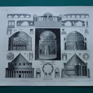 May include: A detailed architectural print featuring various building designs, including domes, arches, and classical structures. The print is in black and white, showcasing detailed illustrations of Roman architecture. The print is on a white background.