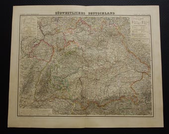 Grande carte ancienne de la Bavière, Allemagne, 1860, impression ancienne, Bayern Munchen, Munich, Stuttgart, Mayence, Allemagne, Strasbourg, cartes vintage