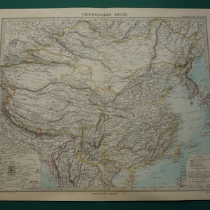 Carte ancienne de la Chine de 1884 - Cartes détaillées antiques originales - datées et coloriées à la main