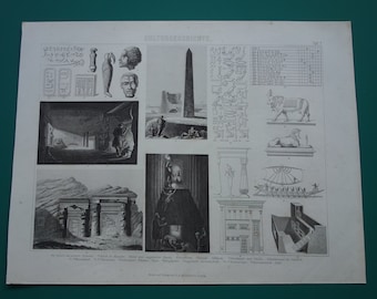 Old print about ancient Egypt original antique illustration Egyptian civilization culture vintage prints Egyptology hieroglyphs