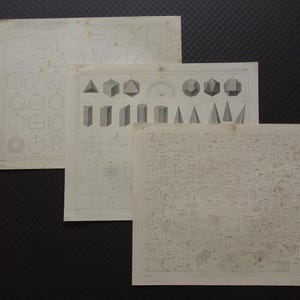 Può includere: Tre antiche stampe di architettura o ingegneria con forme e diagrammi geometrici. Le stampe sono in bianco e nero, con varie forme come triangoli, cerchi e forme 3D. La carta ha un aspetto vintage e invecchiato.