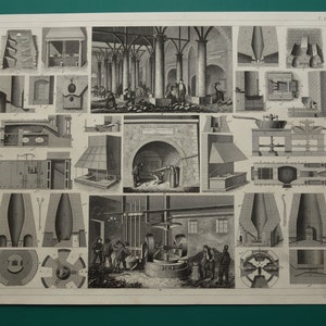 Gravure ancienne MÉTALLURGIE Photos originales de plus de 175 ans de technologie de production de métal, gravures vintage de fer de haut fourneau