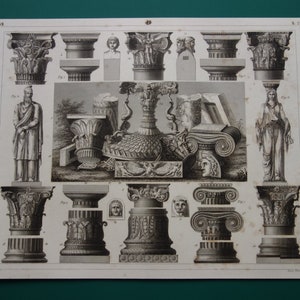 May include: A monochrome architectural print depicting classical columns, capitals, and statues. The print illustrates various column styles, such as Doric, Ionic, and Corinthian, with detailed figures and decorative elements, ideal for architectural study.