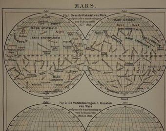 Planet MARS old astronomy print with pictures of Mars 1909 antique Dutch illustration 16x25c 6x10" vintage prints