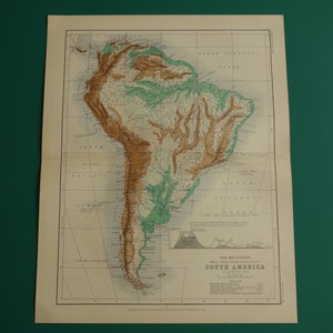 SUDAMÉRICA mapa antiguo de SA Impresión inglesa antigua sobre el continente sudamericano Altitud Elevación Física Mapas antiguos Johnston
