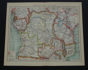 AFRICA antique map of Equatorial Africa 1914 Original old print about Congo Gabon Tanzania German East DOA vintage maps