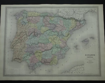 SPAIN Old Map LARGE Antique Maps of Spain and Portugal