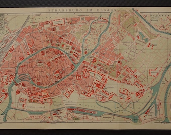 Antique 1911 Strasbourg, France, Map From Baedekers Guide Atlas