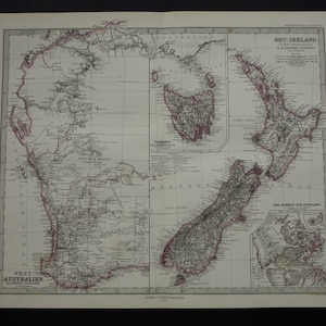 Mappa della Nuova Zelanda del 1877. Grande stampa antica della Tasmania, Nuova Zelanda, Australia Occidentale. Mappe originali vintage di Auckland, WA e Perth, colorate a mano, 14x18 pollici.