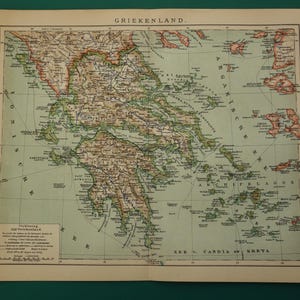 GRÈCE ancienne carte originale de 1908, impression hollandaise antique de Grèce Athènes - cartes vintage détaillées
