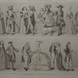 Stampa di moda antica di abbigliamento in costume europeo del XVII e XVIII secolo Illustrazione originale di storia antica Stampe d'epoca