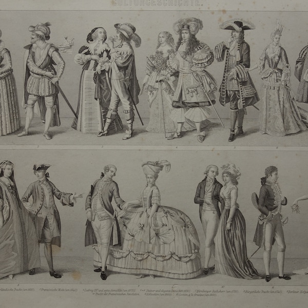 Old Fashion Print of Clothing in 17th and 18th Century European Costume Original Antique History Illustration Vintage Prints