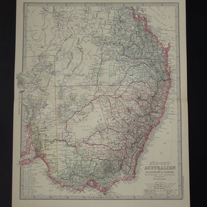 AUSTRALIEN Vintage Karte großes 1886 originales antikes Plakat von Victoria New South Wales alter Druck Sydney Sydney Vancouver Brisbane Brisbane Canberra Geelong