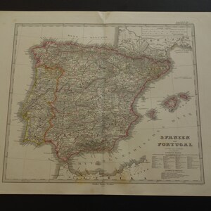 SPAIN Old Map of Spain and Portugal Large Original Antique Print/poster About Madrid Lisbon ...