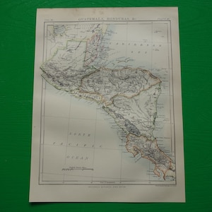 Mapa antiguo de América Central, 1880, póster original antiguo impreso en inglés de Guatemala, Honduras, San Salvador, Nicaragua, Costa Rica, mapas antiguos