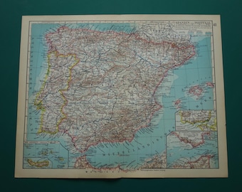 SPAIN PORTUGAL vintage map of the Iberian peninsula 1928 detailed original old print about Madrid Barcelona Lisbon antique maps 24x31c 9x12"