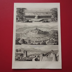 Old Military print of Roman Army Fortificatons original 1849 antique illustration Siege Wall Stronghold Fortification Caesar vintage prints