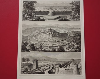 Vecchia stampa militare delle fortificazioni dell'esercito romano originale 1849 illustrazione antica assedio muro roccaforte fortificazione stampe vintage di Cesare