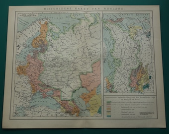 Antique map of Russian history -  lovely 1910 original print/poster conquest Tsar Peter the Great -  empire карта России 10x12" 25x31c maps