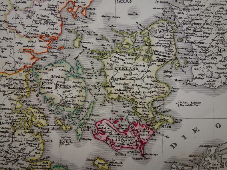 DENMARK Old Map of Denmark Original Antique 1860 Hand-colored Print ...