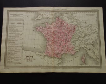 Antique map of France Original 1838 old hand-colored print Provinces in France - vintage maps small poster