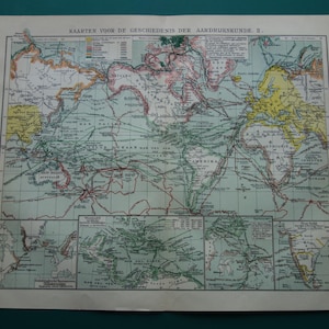 1914 WERELDKAART met ontdekkingen Nederlandse antieke prent over geografie ontdekkingsreizigers routes verkenning oude wereldkaarten Columbus-route