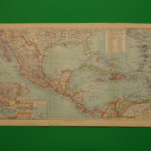 Alte Landkarte von Mittelamerika 1931 original vintage print Karibik Antillen Kuba Dominikanische Republik Porto Rico Mexico Florida Maps 9x16"