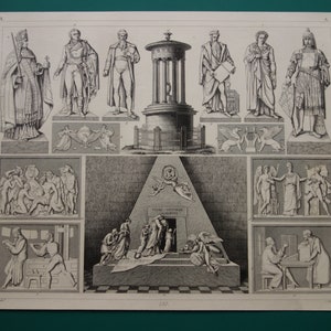 Op de afbeelding: Een zwart-wit prent met verschillende klassieke sculpturen en architecturale elementen. De prent bevat afbeeldingen van beelden, bas-reliëfs en een centrale structuur die lijkt op een tempel of monument. De stijl doet denken aan historische gravures.