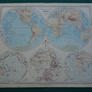 Carte du monde vintage grande carte du monde double hémisphère originale de 1886, affiche des hémisphères des antipodes, grande affiche de 14 x 19 po.